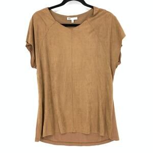 DR2 Blouse Women's Size Medium Faux Suede Short Sleeve Hi-Low Hem Light Brown